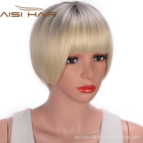 Aisi Hair Short Bob Wigs Heat Resistant Synthetic Fiber Ombre Blonde Straight Short Bob Wigs with Neat Bangs for Women